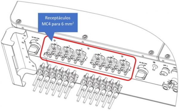 Figura 4: Ilustração da área de conectorização dos circuitos de corrente contínua do inversor MAX 75KTL3 LV