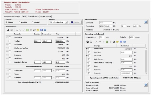 Figura 4 - Tela do módulo de análise econômica do PVSyst, mostrando os dados de entrada do projeto para o módulo de 330 Wp