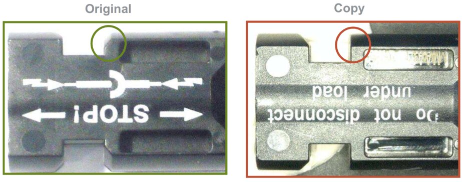 Figura 9: Diferenças de geometria entre o conector original e o genérico. Fonte: Stäubli