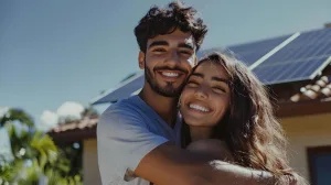Homem e mulher jovens, abraçados e sorrindo olhando para a câmera, em frente a uma casa com painel de energia solar no telhado