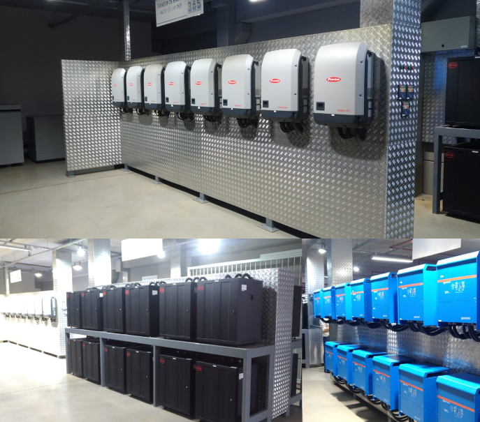Figura 3 - Sistema de backup instalado em Maringá-PR. O sistema opera no horário de ponta, proporcionando redução de custos, além de garantir o fornecimento nos momentos de queda de energia da rede pública. O sistema emprega inversores Fronius, baterias BYD e controladores Victron. Fonte: imagens gentilmente cedidas pela Aldo Solar