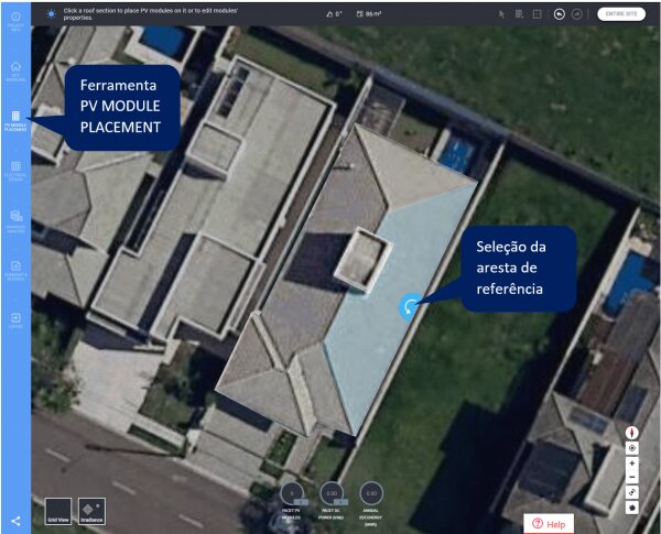 Figura 11: Seleção da área de inserção de módulos e da aresta de referência. Imagem: Reprodução/SolarEdge