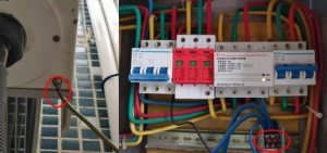 Cabo de aterramento e barra de terminais de um quadro elétrico corroídos