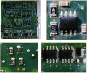 Acima: elementos corroídos em uma placa de circuito impresso desprotegida. Abaixo: Componentes preservados em uma placa protegida com uma película protetora