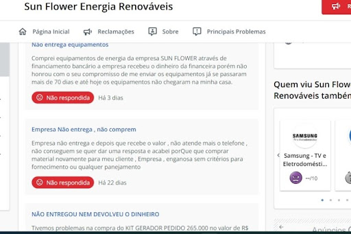 No site Reclame Aqui é possível encontrar diversas reclamações sobre a Sun Flower. Foto: Reprodução