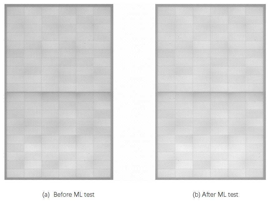 Figura 11 - Imagens de EL (eletroluminescência) da amostra 1 – antes (à esquerda) e depois (à direita) do teste de carga mecânica estática