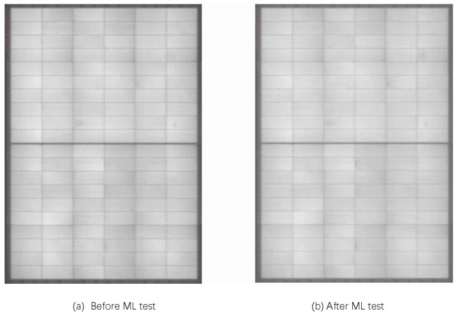 Figura 12 - Imagens de EL (eletroluminescência) da amostra 2 – antes (à esquerda) e depois (à direita) do teste de carga mecânica estática