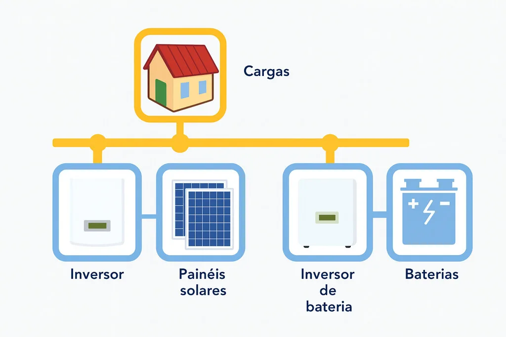 Diagrama ilustrando o funcionamento de um sistema off-grid, com painéis solares, inversor, baterias e uma casa representando as cargas conectadas de forma independente da rede elétrica.