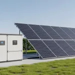 Estrutura de painéis solares e inversor de um sistema off-grid instalada em solo, demonstrando geração autônoma de energia elétrica.