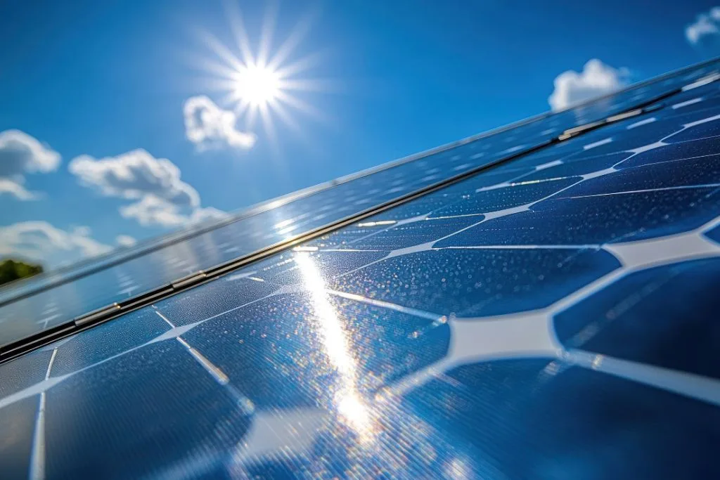 Painéis solares captando a luz do sol em um sistema on-grid, mostrando a geração de energia fotovoltaica durante o dia.