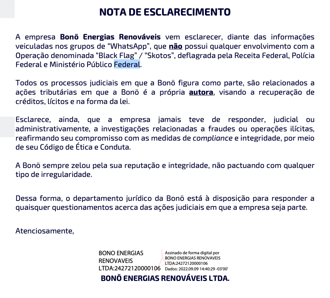 Nota de esclarecimento Bono