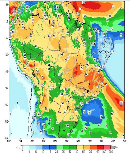 Precipitação acumulada prevista de 10 a 16 de dezembro