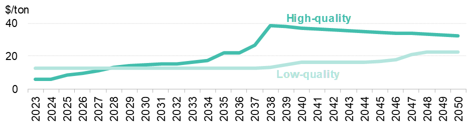 Preços de compensação de carbono no cenário "bifurcation". Fonte: BloombergNEF 