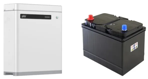 Figura 1 – Bateria de lítio PHB e bateria de chumbo ácido, respectivamente. Qual é a melhor? Imagem: PHB Solar/Divulgação