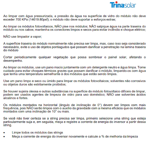 Figura 2 - Trecho do manual de usuário do fabricante Trina Solar a respeito da limpeza dos módulos fotovoltaicos