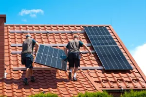 Homens instalando placas de energia solar