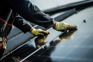Homem realizando manutenção de placas solares 