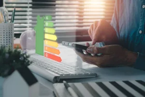 Homem calculando eficiência energética