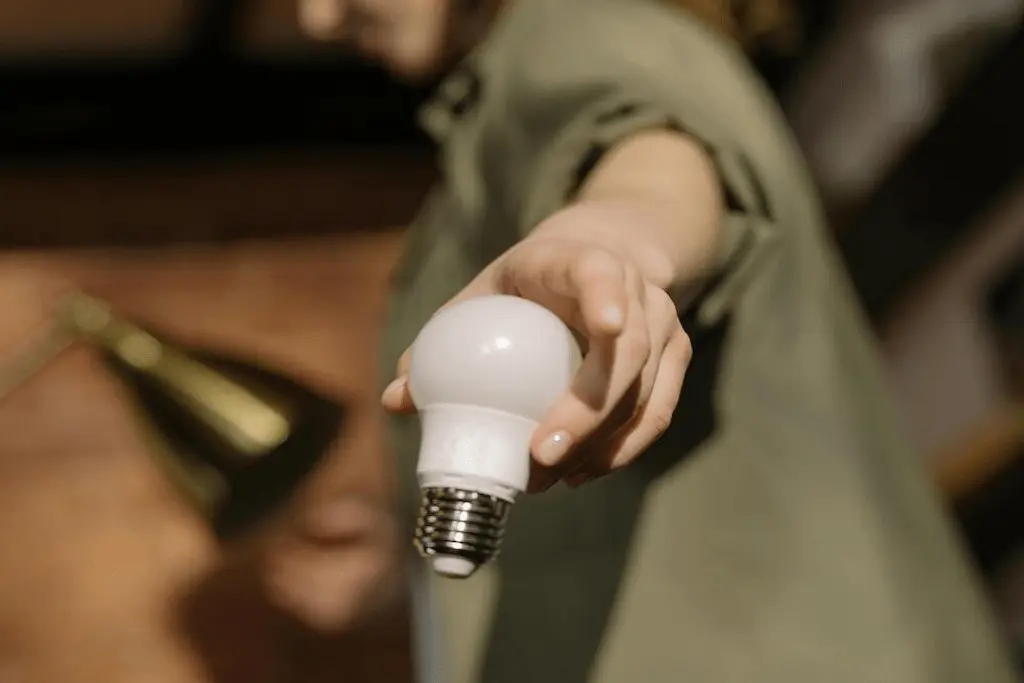 Pessoa segurando lâmpada LED para economia de energia em casa