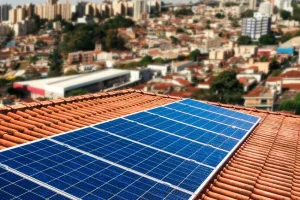 Telhado de uma residência com uma cidade ao fundo