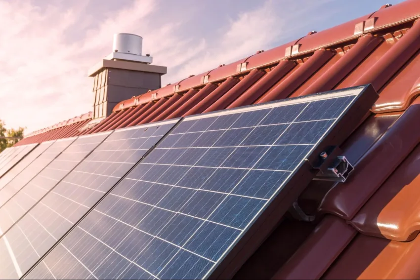 Imagem de um painel solar absorvendo energia solar em cima de um telhado de casa