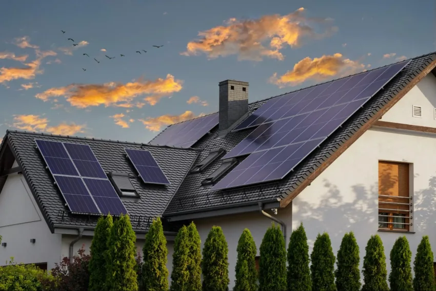 Módulo fotovoltaico em telhado de casa com chaminé, rodeada por pequenas árvores 