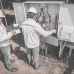 Dois homens em pé, vestindo roupas casuais e equipamentos de proteção, em frente a uma string box aberta. Um deles está com ambas as mãos na string box, enquanto o outro faz anotações em uma planilha de papel