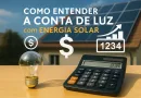 Imagem ilustrativa com painel solar, lâmpada e calculadora em destaque, acompanhada do título “Como entender a conta de luz com energia solar”, simbolizando economia e geração de energia limpa.