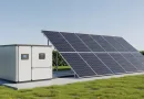 Estrutura de painéis solares e inversor de um sistema off-grid instalada em solo, demonstrando geração autônoma de energia elétrica.